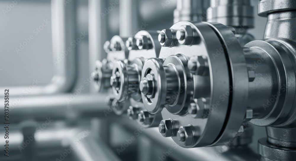 Fototapeta premium Detailed view of industrial metal valves and piping system in a manufacturing facility