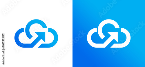 Blue and white cloud storage sync arrow icon for company brand design. Perfect vector illustration for technology websites and branding projects.
