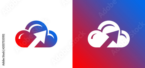 Abstract red and blue cloud icon with gradient arrows, suitable for digital technology design. Vector illustration ideal for websites, apps, and technology-related presentations.