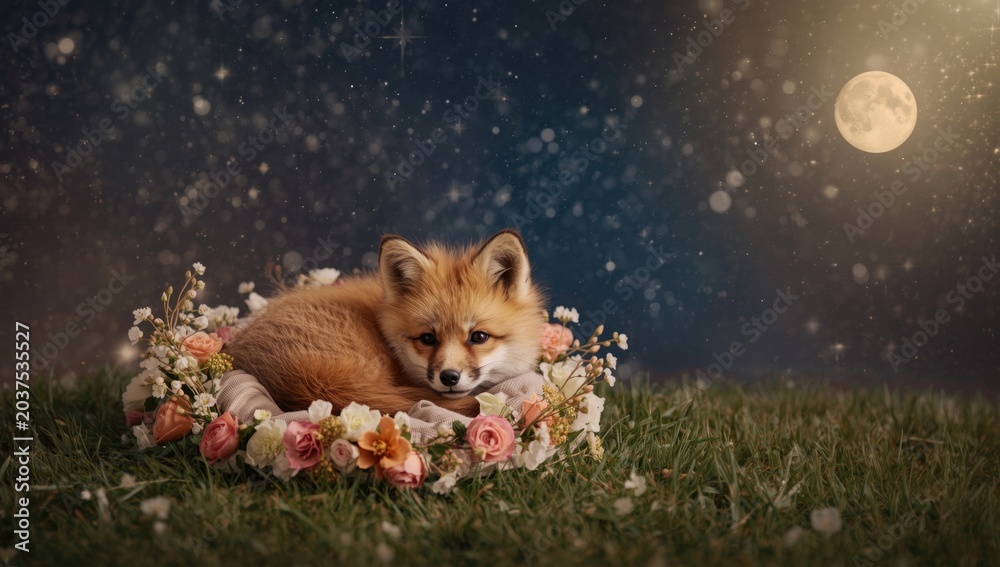Obraz premium Adorable fox nestled in blossom wreath on grassy ground beneath sparkling night sky for boho style baby theme