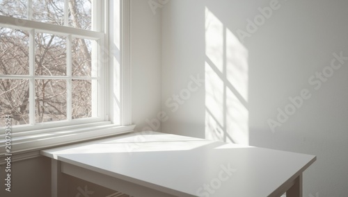 Bright white wood table adjacent to roomy spring window with text space