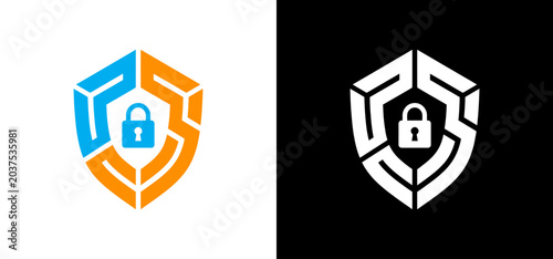 Vector design of a shield-shaped padlock, iconic and perfect for a security company logo. Geometric emblem suitable for cyber security business branding. Bold color contrast.