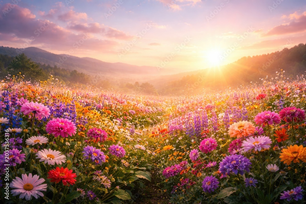 Obraz premium Radiant flower landscape glowing with vibrant hues beneath a tranquil sky and copy space