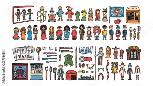 Photos Characters and Elements for Storytelling: A vibrant collection of hand-drawn characters, props, and scene elements, perfect for creating imaginative narratives and visual stories