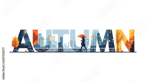Foto Autumn's Embrace: The word AUTUMN creatively forms a cityscape vista, depicting a solitary figure with an umbrella walking through a scene of autumnal beauty