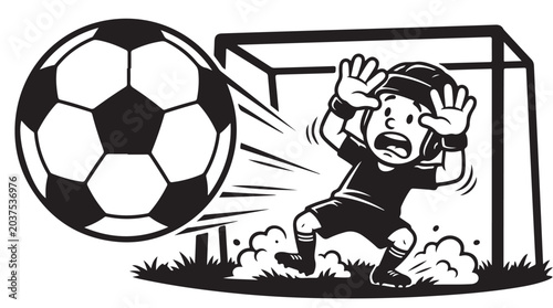 Photos Scared Cartoon Goalkeeper Avoiding Giant Soccer Ball Funny Sports Illustration