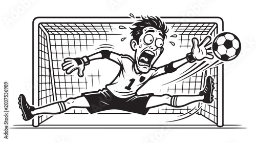 Scared Goalkeeper Making Split Save During Soccer Match Cartoon Illustration