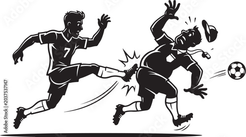 Tableau sur toile Soccer Player Accidentally Kicks Referee Cartoon Illustration