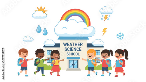 Tableau sur toile Kids' Weather Science School Adventure: A group of cheerful children, diverse and eager, arrive at a Weather Science School building adorned with a rainbow, sun, rain, snow, and lightning symbols