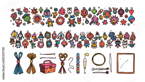 Photography Whimsical Cartoon Creatures and Charms: A delightful collection of colorful, quirky cartoon characters and various craft embellishments, perfect for creative projects and imaginative designs