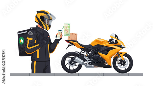 Billede på lærred Motorcycle Delivery Person with Package and Phone: A delivery person in a yellow uniform, helmet, and backpack stands next to a yellow motorcycle, checking a smartphone for navigation and a parcel