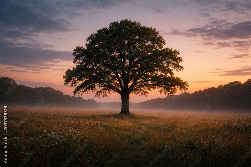Fototapeta premium Solitary tall tree growing in a peaceful dusk meadow