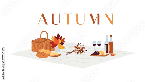 Konstfotografi Autumn Picnic Delight: A charming picnic setup evokes the cozy essence of autumn with a woven basket, crusty bread, cheese, grapes, wine, and autumnal foliage