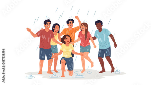 Fotografia Joyful Splash: A group of friends, regardless of the weather, revels in the simple pleasure of playing in the rain, their laughter echoing with carefree abandon