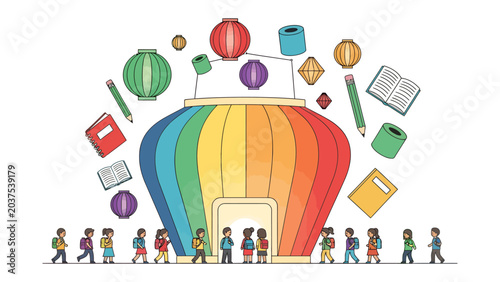 Schilderij op canvas Rainbow Knowledge Gateway: Children in single file approach a vibrant, rainbow-colored structure resembling a treasure chest or gateway, surrounded by an array of school supplies and festive lanterns