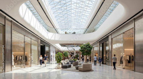 Vast and bright modern shopping mall interior with impressive vaulted glass skylight, minimalist architecture, luxurious retail storefronts, stylish seating, and people enjoying upscale commercial env