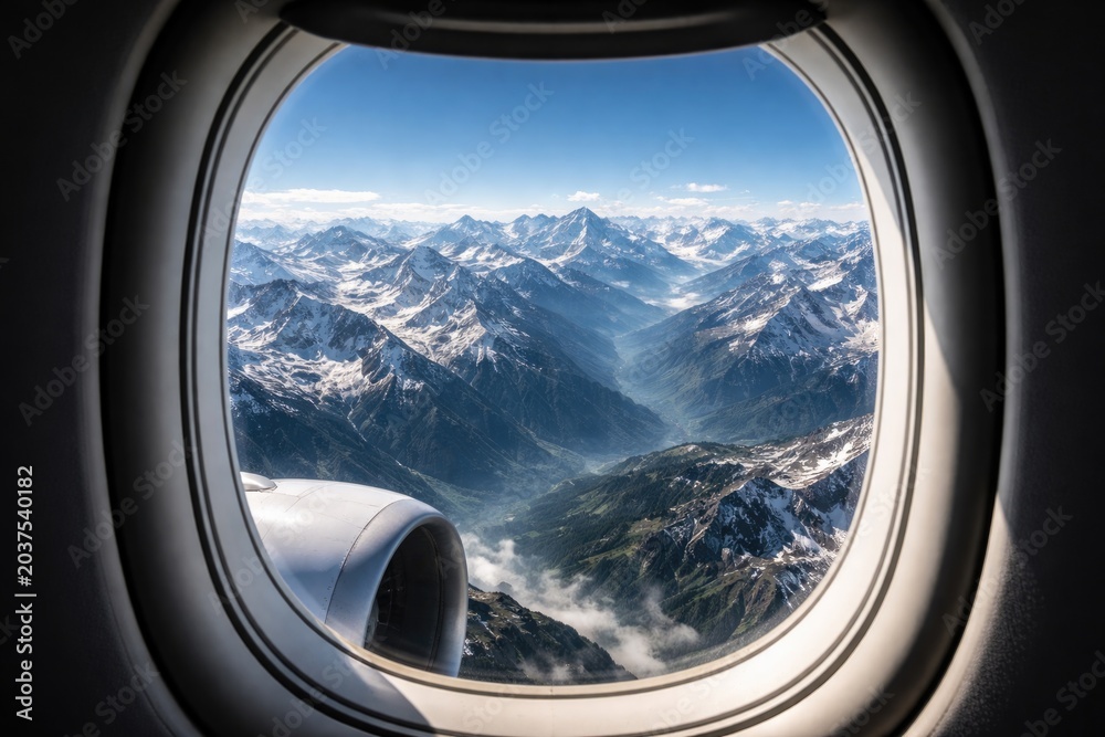 Naklejka premium Panoramic mountain range viewed through airplane window with crisp sky