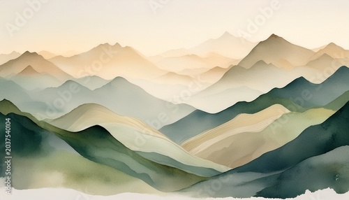 soft green and beige watercolor painting creates an abstract mountain landscape with gentle peaks and valleys blending seamlessly from light to dark tones