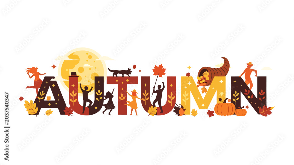 Fototapeta premium Autumn Celebration Typography: Vibrant letters spell out Autumn adorned with festive fall imagery, including dancing figures, pumpkins, a full moon, and a cornucopia.