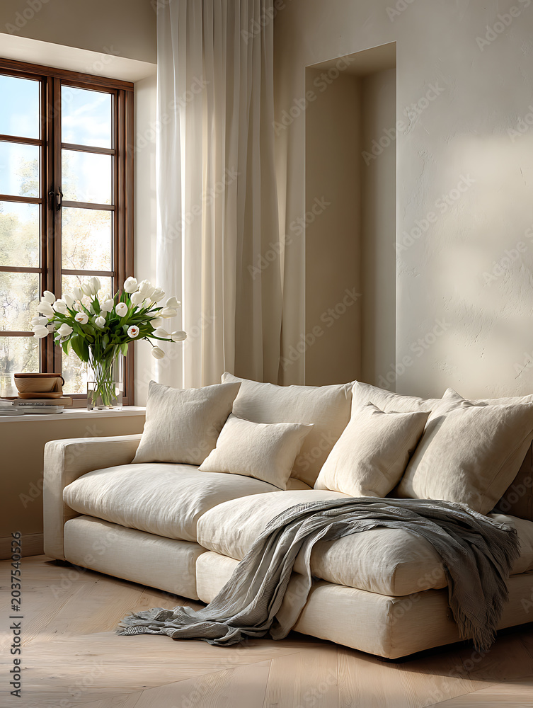 Fototapeta premium Cozy Scandinavian living room with neutral linen sofa and flowers