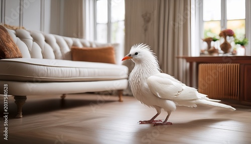 white bird standing on a floor in a bright room with furniture and soft lighting