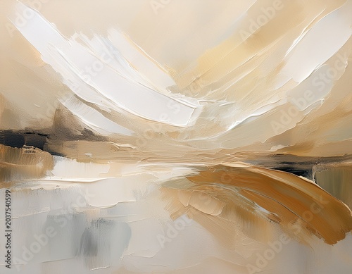 neutral beige and white abstract oil painting with visible brushstrokes and palette knife textures creating a blurred landscape effect