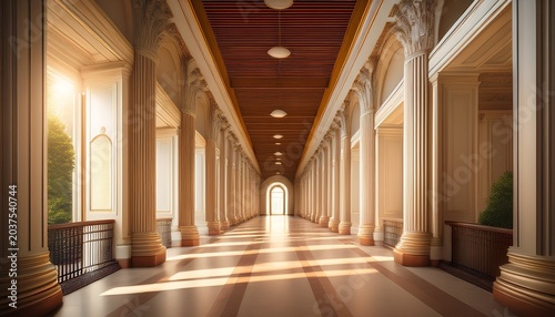 a long sunlit corridor in a classical building it appears to be an entrance or passageway within a courthouse
