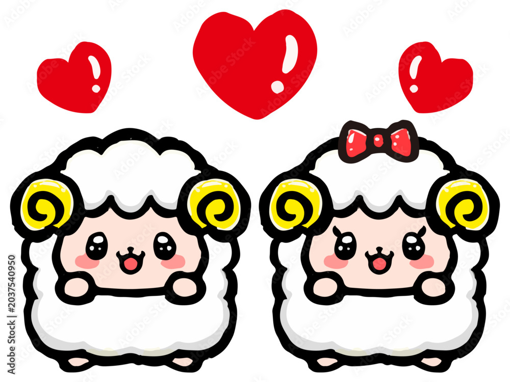Fototapeta premium 可愛いヒツジのカップルの落書き風イラスト素材