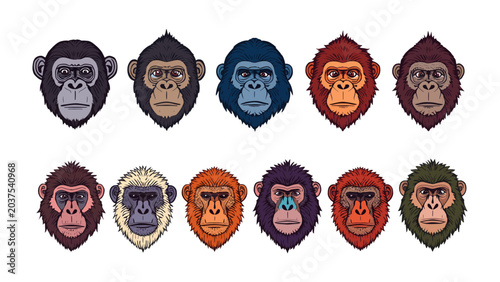 Photography Primate Portrait Gallery: A collection of diverse ape portraits, showcasing a variety of species and colors, each rendered in a vibrant, stylized illustration