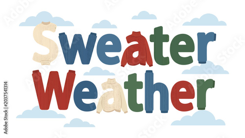 Photos Sweater Weather typographic illustration: Colorful letters spell out Sweater Weather, with miniature sweaters cleverly integrated into some of the letters, set against a backdrop of soft