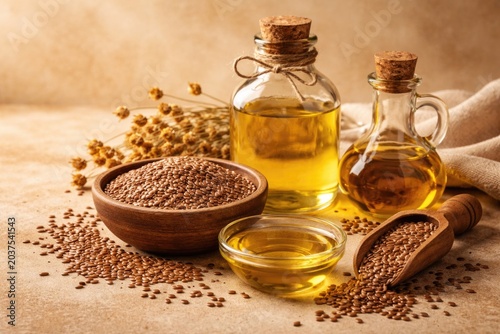 Natural flaxseed and clear vegetable oil set on a warm beige textured backdrop