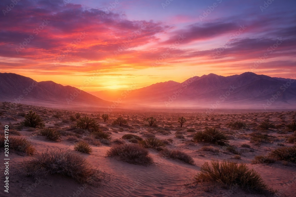 Obraz premium Serene desert panorama at dawn with colorful sunrise over mountains