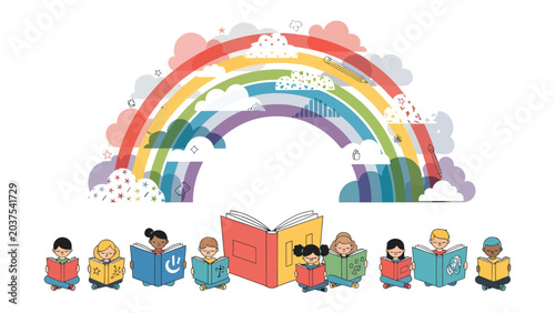 Fotografija A Spectrum of Stories: Children engrossed in the magic of reading, surrounded by