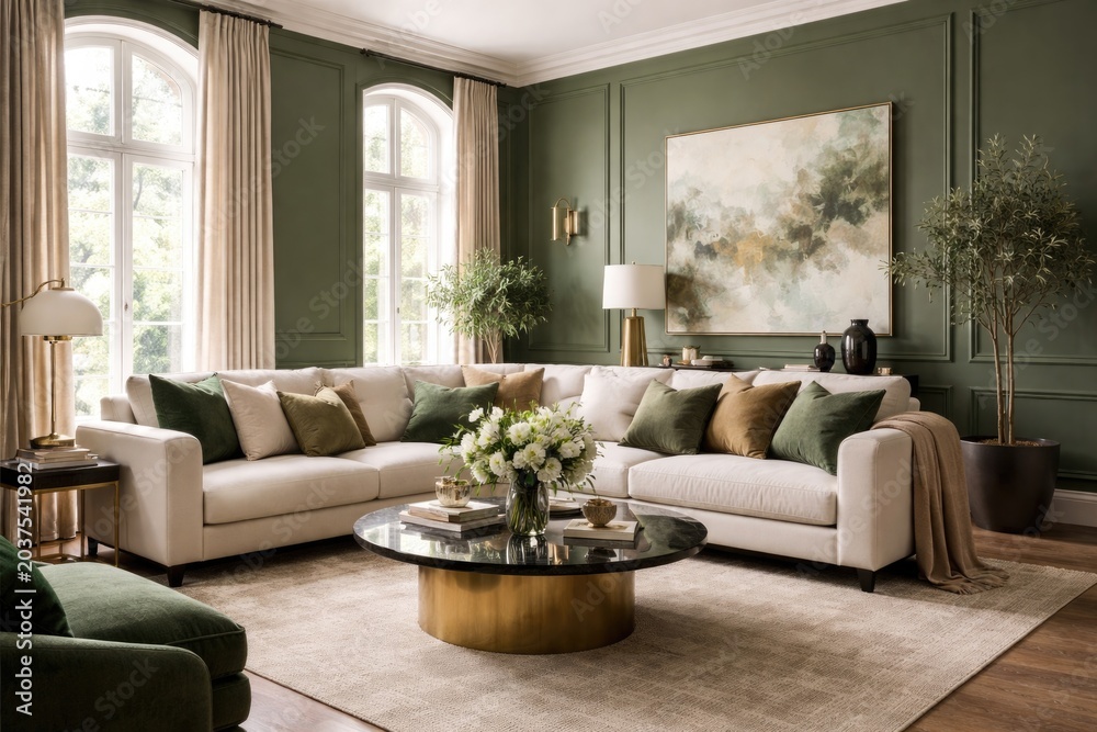 Fototapeta premium Chic living room interior showcasing green walls and complementary furnishings