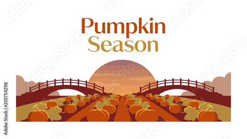 Foto Autumn Harvest Festival: A picturesque scene depicting a bountiful pumpkin patch stretching towards a setting sun, framed by quaint bridges, evoking the warm spirit of the fall season