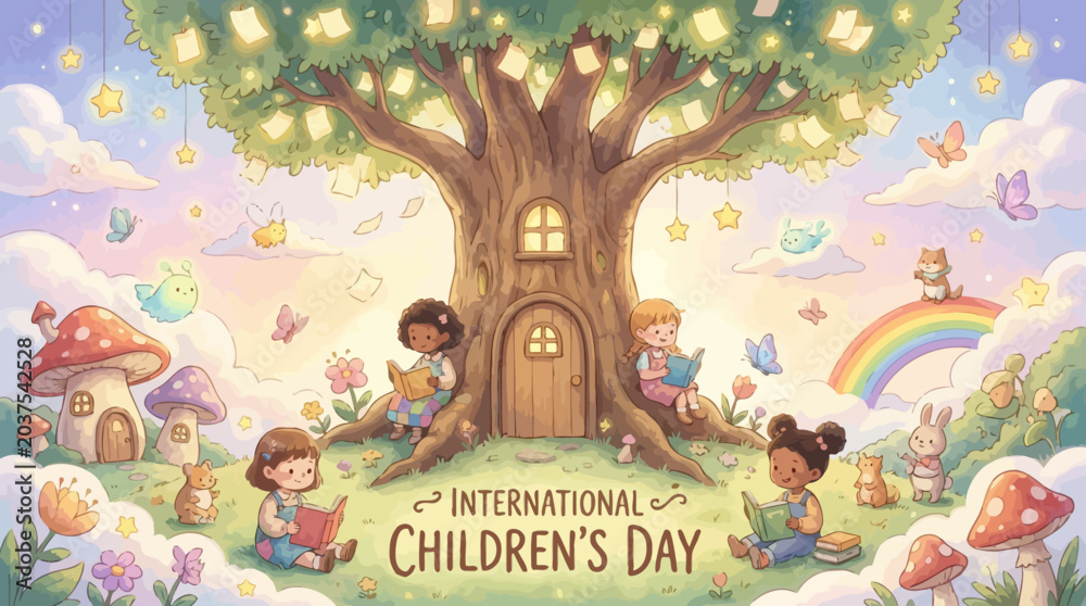 Obraz premium Celebrating International Children's Day with a magical treehouse scene, vibrant colors, and playful elements, perfect for creating joyful and whimsical designs