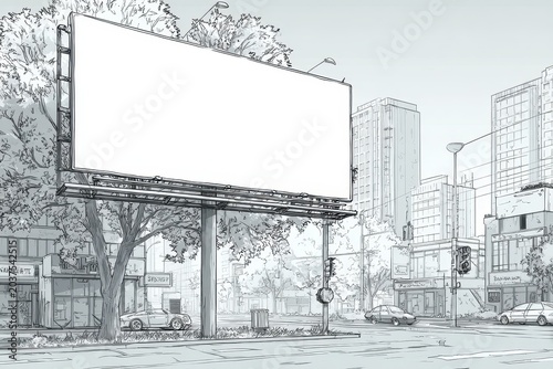 Monochrome line drawing of an empty billboard on a city sidewalk