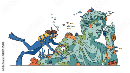Obraz na płótnie Underwater Exploration of Ancient Sculpture: An illustration depicts a diver exploring a submerged classical sculpture, overgrown with coral and marine life, surrounded by colorful fish