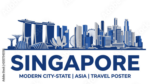 Modern Singapore Skyline Travel Poster with Marina Bay Sands and Futuristic Blue Cityscape Vector Illustration