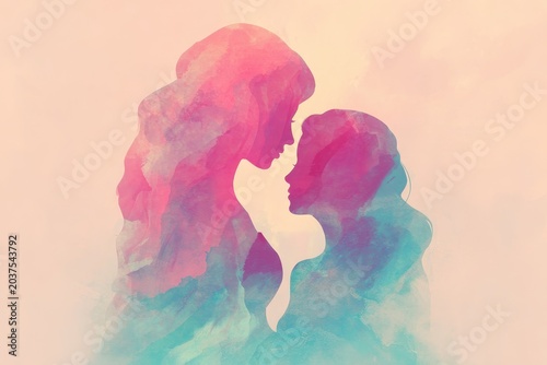 Mother and daughter silhouette merged with abstract watercolor art in a warm digital painting for a Mother's Day theme