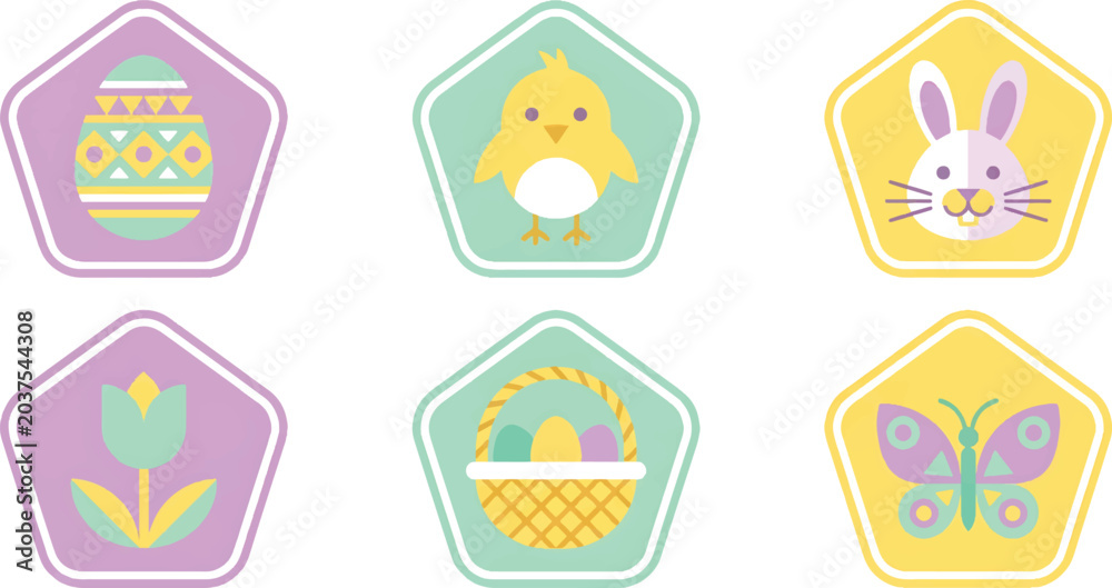 Obraz premium Colorful easter icons with pastel shapes and white outline