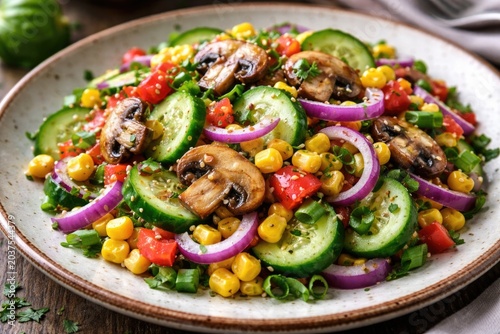 Colorful salad composed of mushrooms onions corn and cucumbers served on a ceramic plate