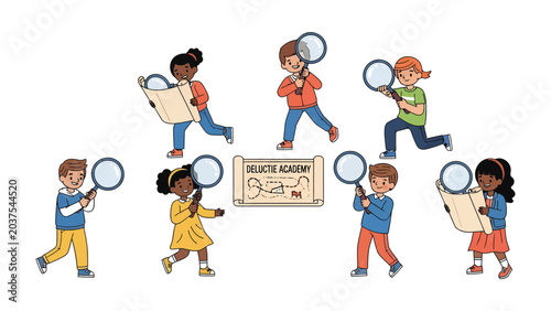 Bild auf Leinwand Curious Kids Investigating: A group of diverse children, each holding a magnifying glass and a map, are depicted in an engaging illustration, hinting at a mystery or an adventure to be solved