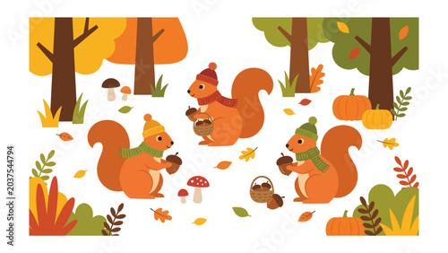 Foto Autumn Squirrels Gathering Nuts: Three adorable cartoon squirrels, adorned in cozy winter hats and scarves, diligently gather acorns amidst a vibrant autumn forest scene with colorful trees