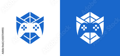 Gaming controller shield emblem logo design with controller joystick competitive tournament abstract protection security electronic entertainment branding identity template technology