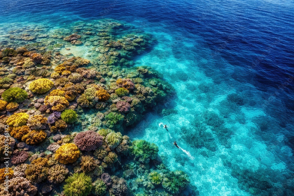Obraz premium Vibrant coral reef and turquoise waters captured from above with space for additional images