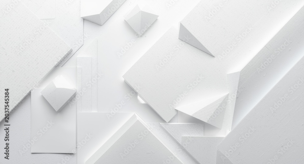 Obraz premium Abstract background of white geometric paper shapes with textured surfaces and ample copy space