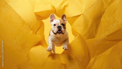Blithe Bulldog leaps brightly through a mellow yellow paper backdrop