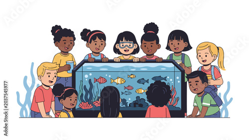 Bild auf Leinwand Kids at the Aquarium: A group of diverse young children gather around a vibrant aquarium, their faces filled with wonder as they observe colorful fish swimming among coral and aquatic plants