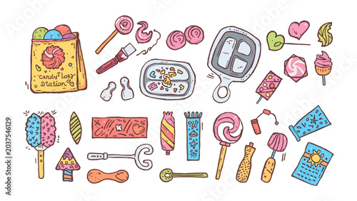 Εκτύπωση καμβά Collection of Candies and Sweets: A vibrant assortment of colorful candies, lollipops, and sweet treats displayed in a playful, hand-drawn illustration style